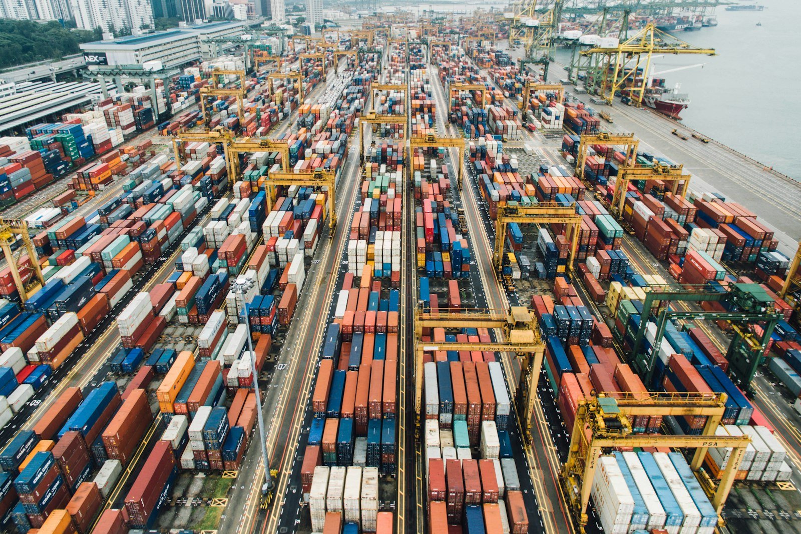 Aerial view of a container port, representing VeriTide maritime intelligence